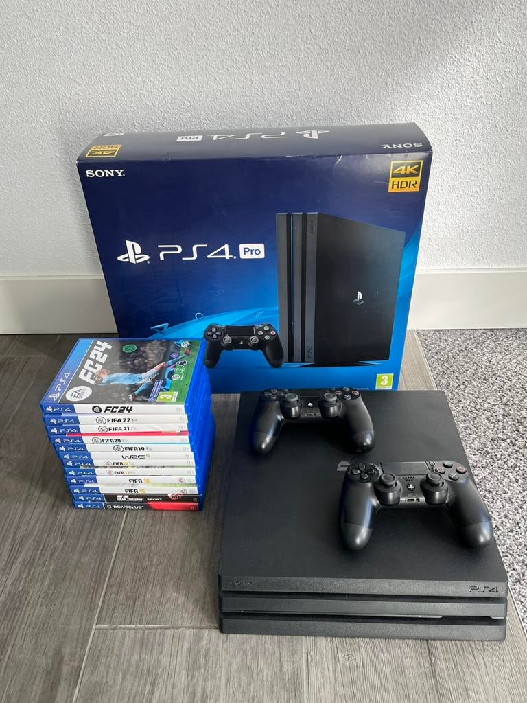 PlayStation 4 Pro + 2 Controllers + 12 Spellen, Met 2 controllers, Ophalen of Verzenden, Zo goed als nieuw, 1 TB