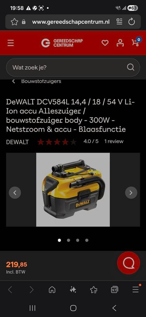 De walt stofzuiger op accu 18v en op 220 vold DCV584L, Doe-het-zelf en Verbouw, Reinigingsmachines, Ophalen of Verzenden, Nieuw