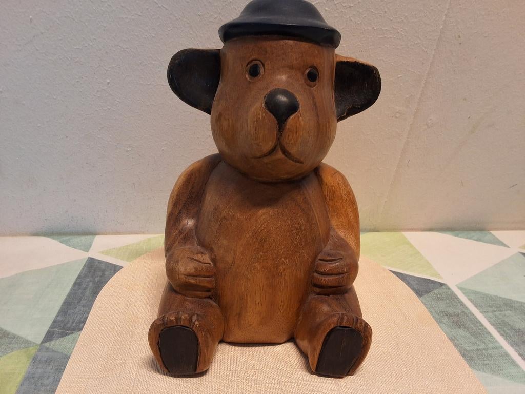 Houten Beer met Hoed - Handgemaakt, vintage, Antiek en Kunst, Kunst | Beelden en Houtsnijwerken, Ophalen of Verzenden