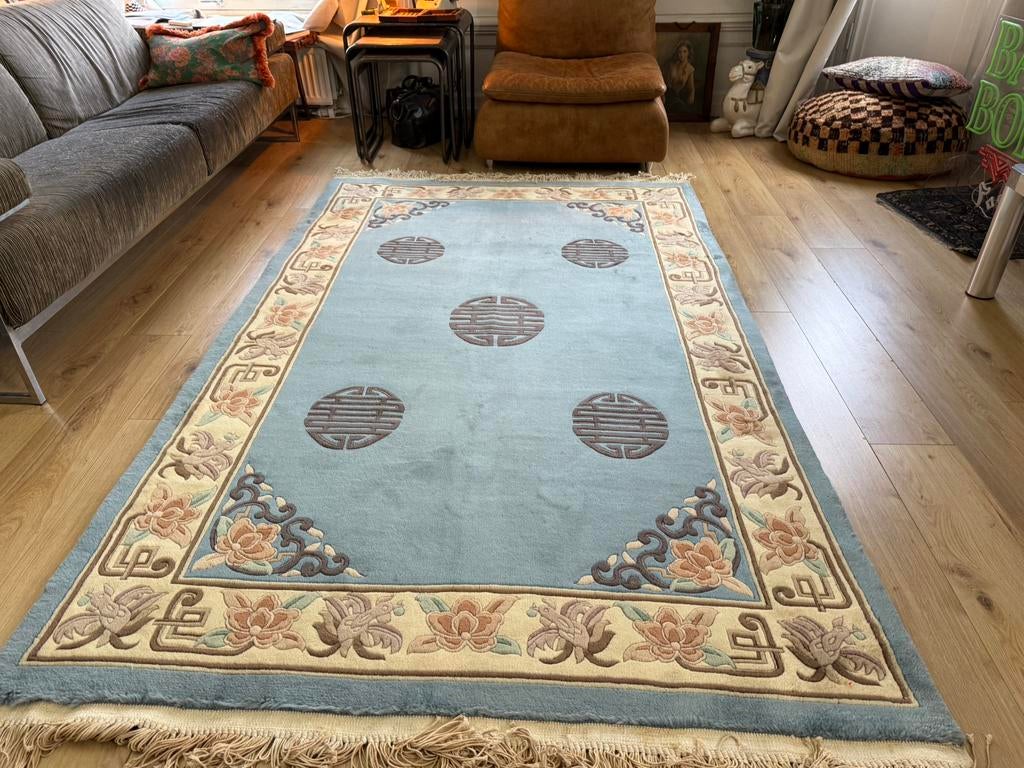 vintage Chinees Deco-tapijt wol – ca. 248  x 155 cm, 1053ML, Amsterdam, Info@bababoho.com, 150 tot 200 cm, Crème