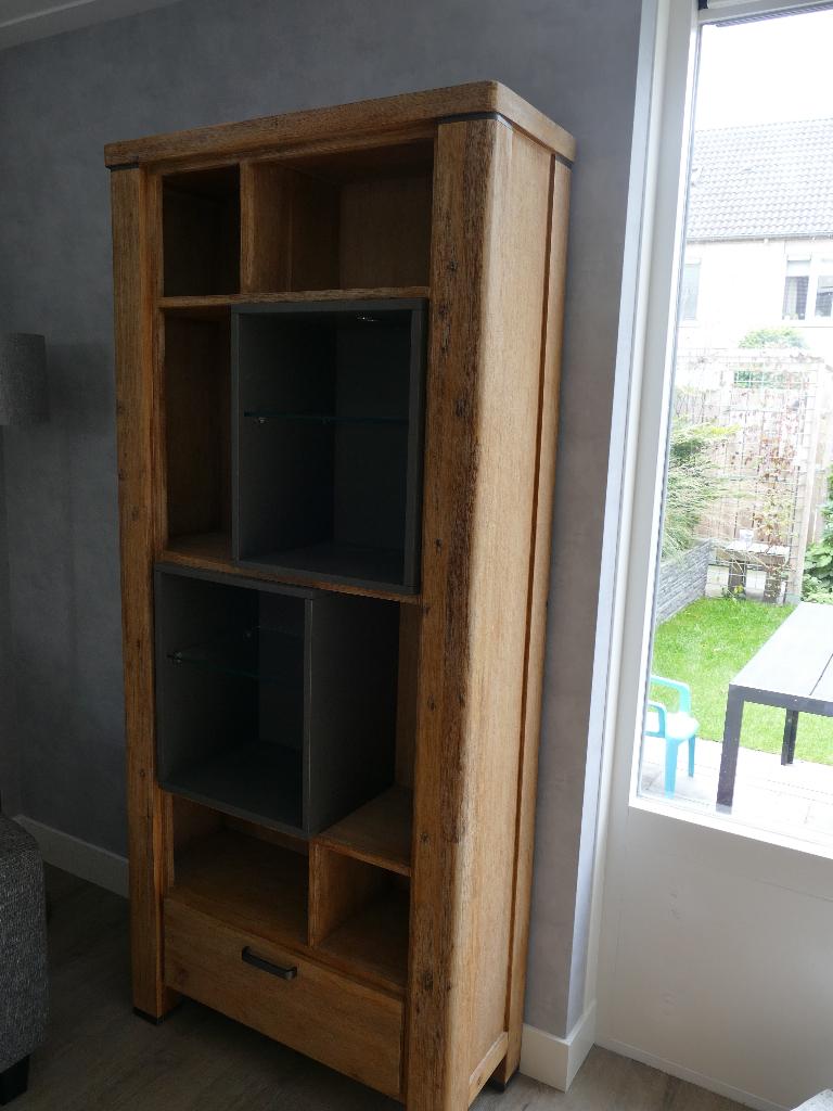 Boekenkast acaciahout met ledverlichting, Ophalen, Met plank(en), Gebruikt, Glas