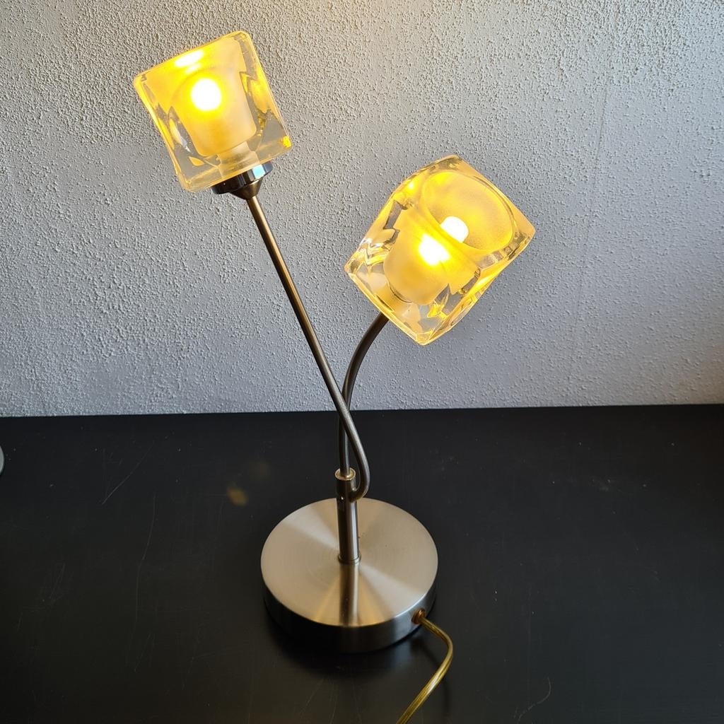 Leuk RVS Tafellampje met 2 Glazen Kapjes, Ophalen, Gebruikt, Glas, Modern