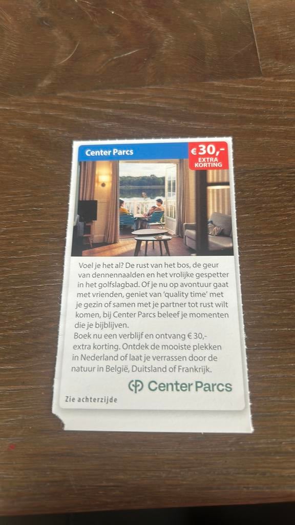 Centerparcs 30 euro extra korting, Tickets en Kaartjes, Kortingen en Cadeaubonnen, Drie personen of meer, Kortingsbon, Bungalowpark