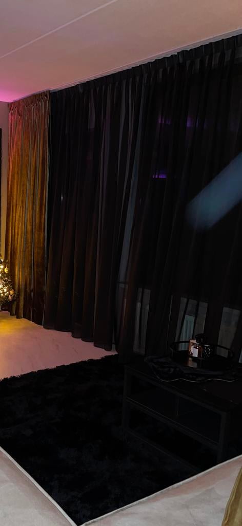 Zwarte Vitrage - 5 + Meter - 2 Stuks dubbelplooi kwantum, Huis en Inrichting, Ophalen of Verzenden, Gebruikt, Zwart, 200 cm of meer