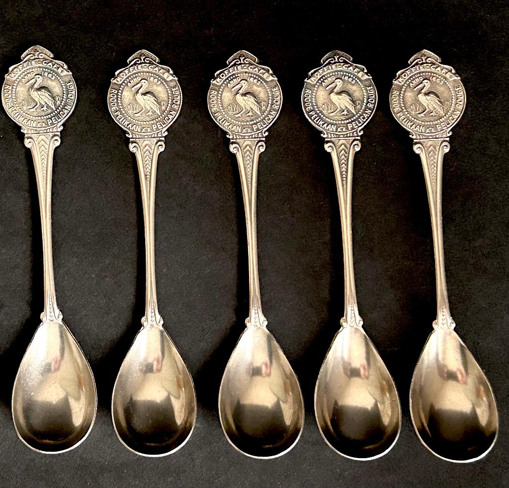 roode pelikaan pelican rouge verzilverde koffie thee lepels, Ophalen of Verzenden