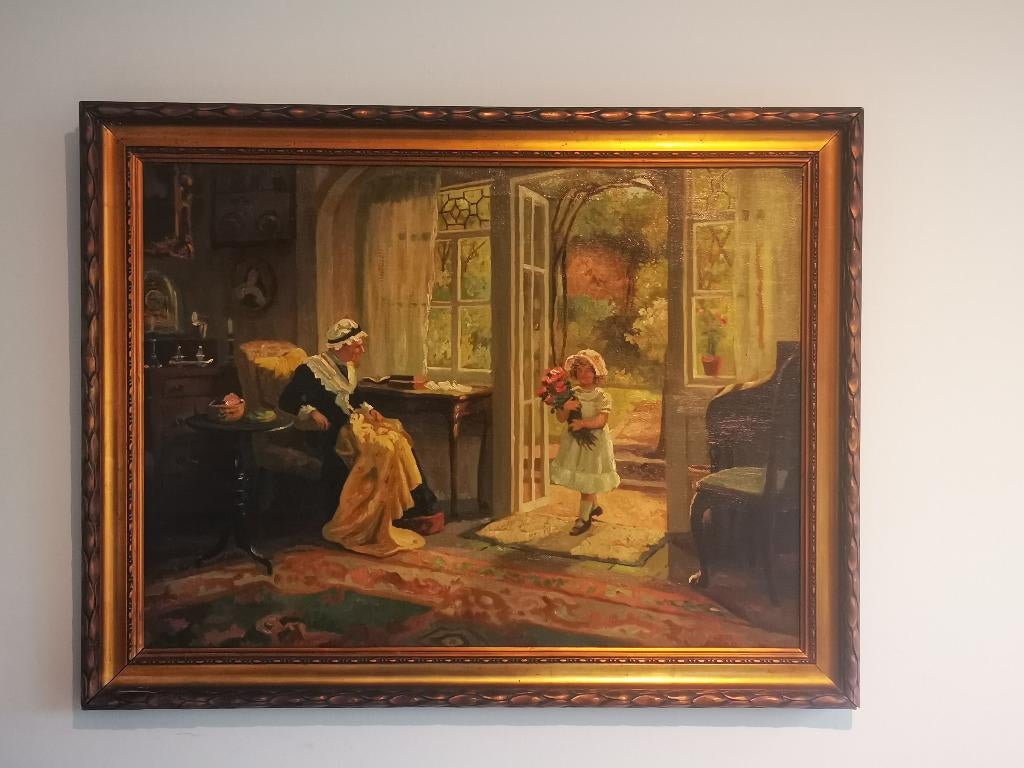 Sfeervol Groot Schilderij "Bezoek aan Oma" naar Knowles, Antiek en Kunst, Kunst | Schilderijen | Klassiek, Ophalen of Verzenden