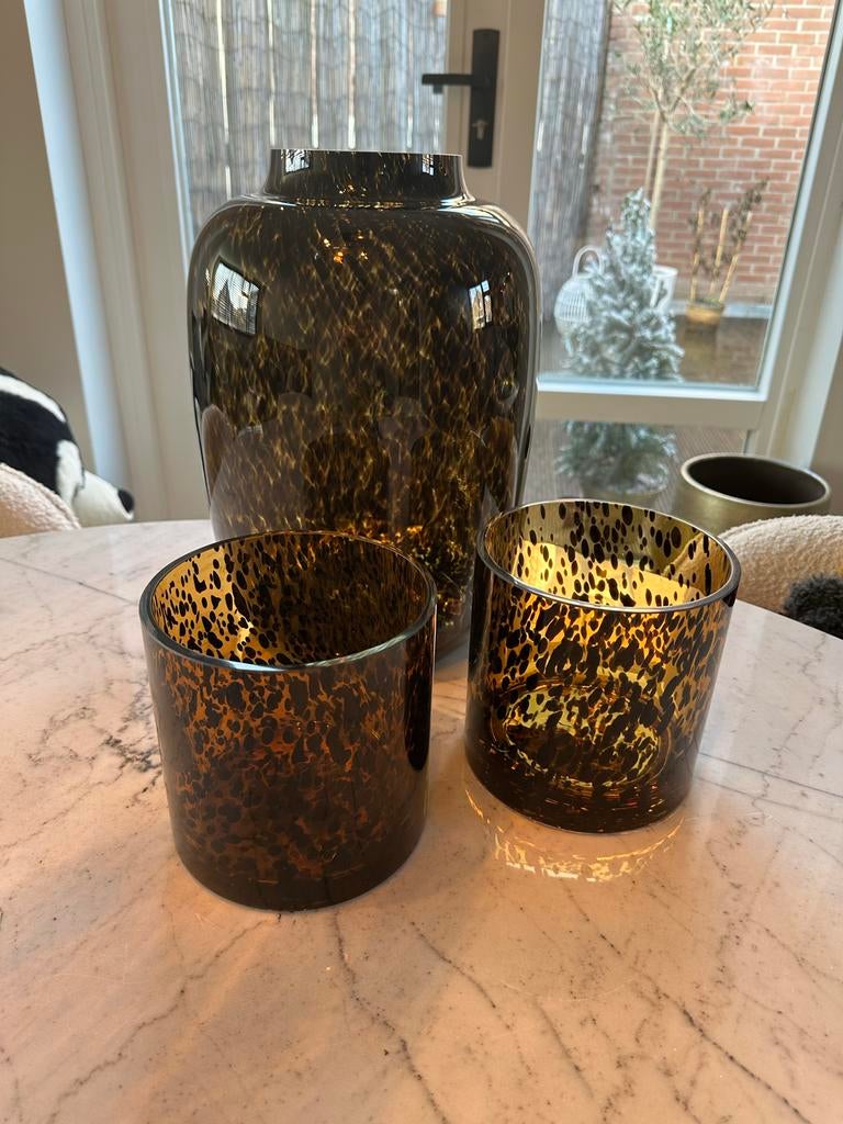 Glazen panterprint vaas en wintlichten set, Huis en Inrichting, Woonaccessoires | Vazen, Ophalen, Overige kleuren, Minder dan 50 cm