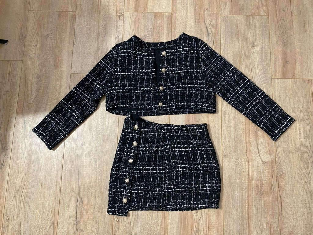 Tweed Jasje en Rok Set - Zwart/Wit Geruit, Ophalen, Zwart, Maat 42/44 (L), Zo goed als nieuw