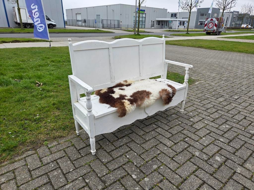 Brocante houten klepbank, bank, decoratie bank, halbank, Antiek en Kunst, Curiosa en Brocante, Ophalen