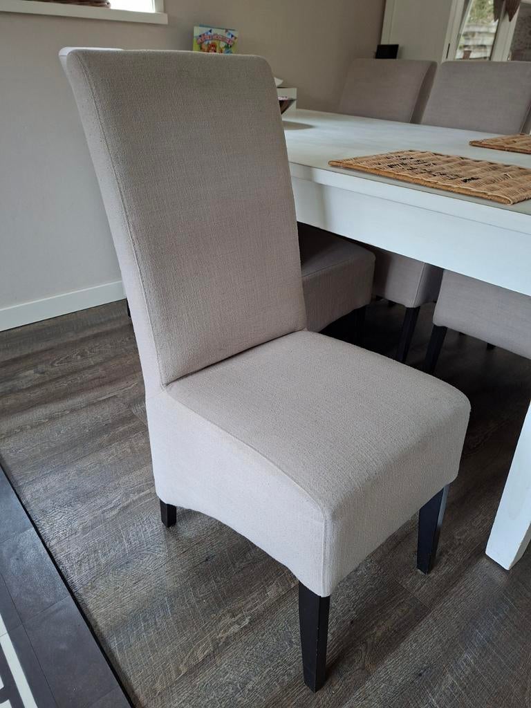Hoge Stoffen Beige Eetkamerstoelen Houten Poten, Huis en Inrichting, Stoelen, Gebruikt, Vijf, Zes of meer stoelen, Hout, Stof