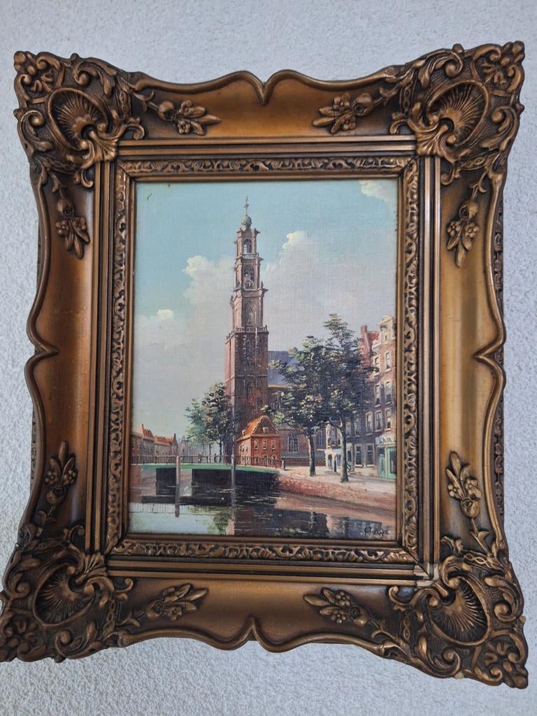 schilderij Amsterdamse gracht met Westertoren, Antiek en Kunst, Ophalen of Verzenden