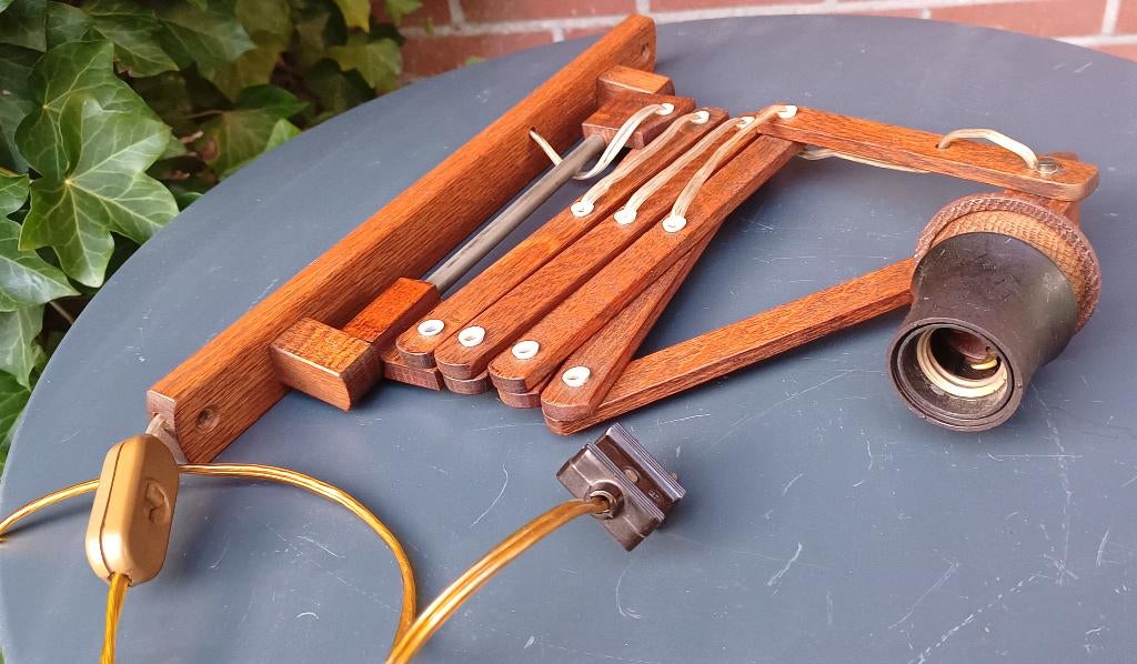 houten schaarlamp -  harmonica wandlamp - treklamp -Dutch, Huis en Inrichting, Ophalen of Verzenden, Gebruikt, Overige materialen
