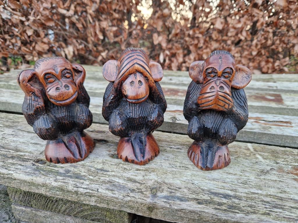 3 houten horen zien en zwijgen apen beelden, Verzamelen, Beelden en Beeldjes, Ophalen of Verzenden, Zo goed als nieuw, Dier