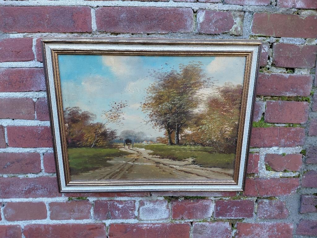 Schilderij landschap met boerenkar., Verzenden