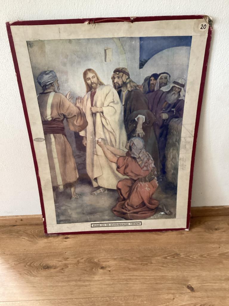 Schoolplaat Bijbelse Afbeeldingen: Jezus & Kanaänese Vrouw/M, Antiek en Kunst, Ophalen, Overige thema's
