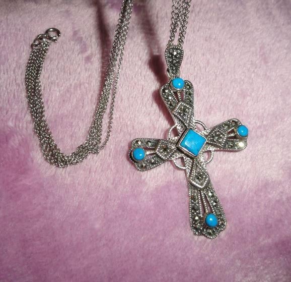 Ketting Kruis Turkoois Markasiet 925 Zilver, Overige kleuren, Ophalen of Verzenden, Zo goed als nieuw, Met edelsteen