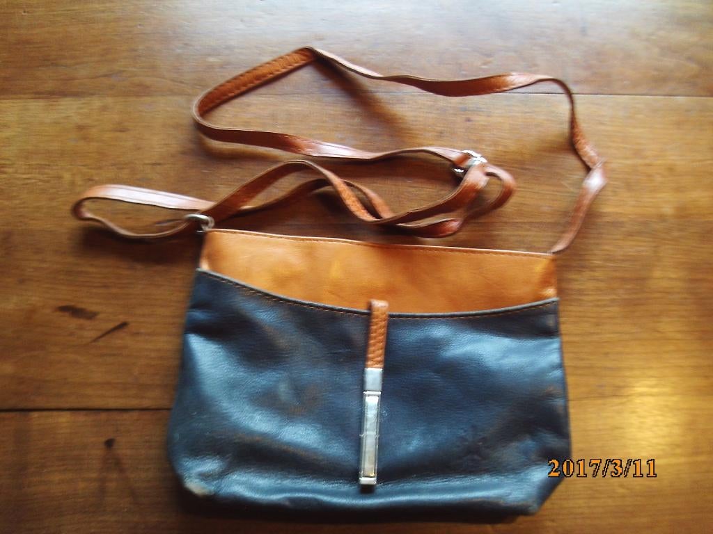 damestasje + hengsel blauw bruin leer Franse lelie Made Ital, Ophalen of Verzenden, Gebruikt, Bruin, Overige typen
