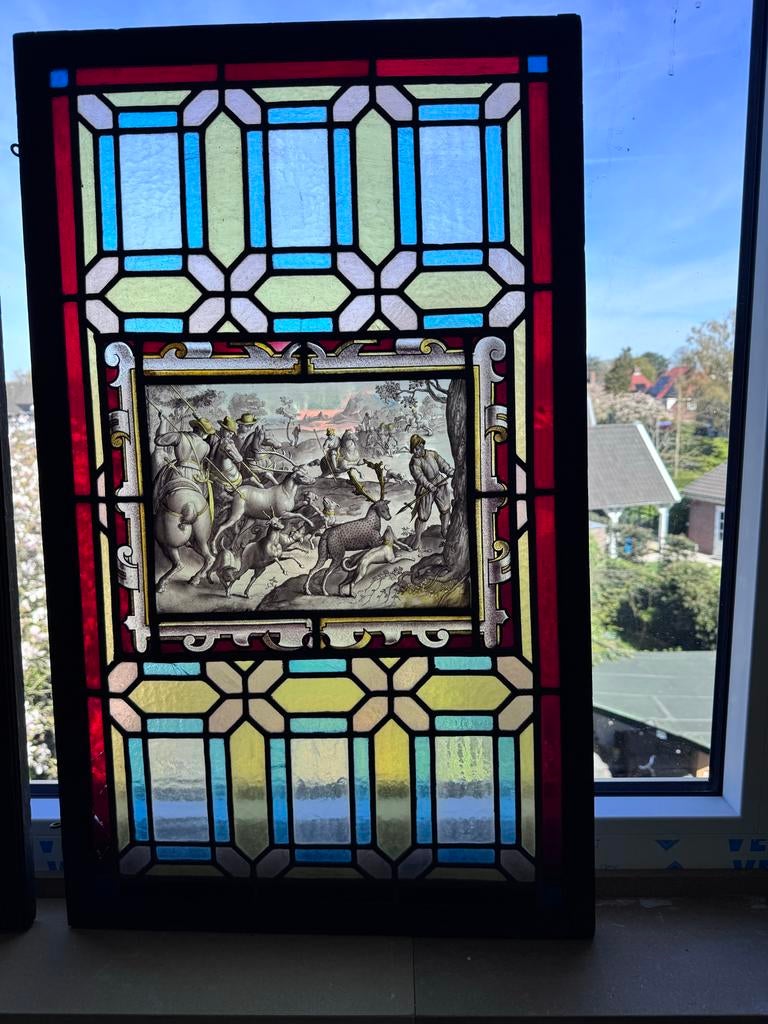 Antiek Glas paneel met jachtscène, Antiek en Kunst, Antiek | Glas en Kristal, Ophalen
