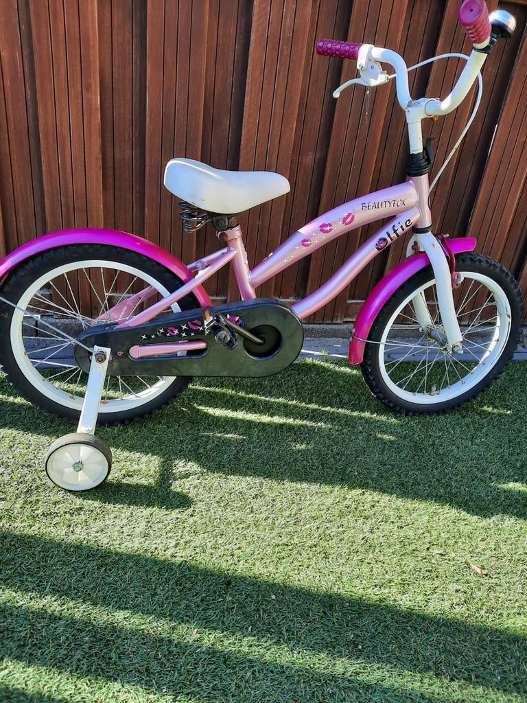 Kinderfiets 16 inch met terugtraprem, handrem en zijwieltjes, Ophalen, Gebruikt, 16 tot 20 inch, Zijwieltjes