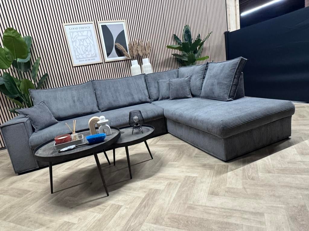 ZGAN Ribstof Hoekbank / Loungebank - Grijs - 288 x 225, 250 tot 300 cm, -, -, Hoekbank