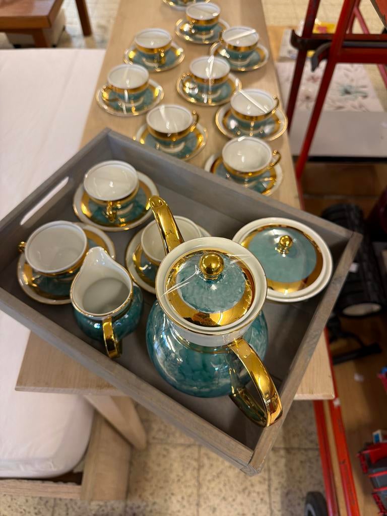 Vintage theeservies met gouden rand en turquoise accenten, Antiek en Kunst, Ophalen