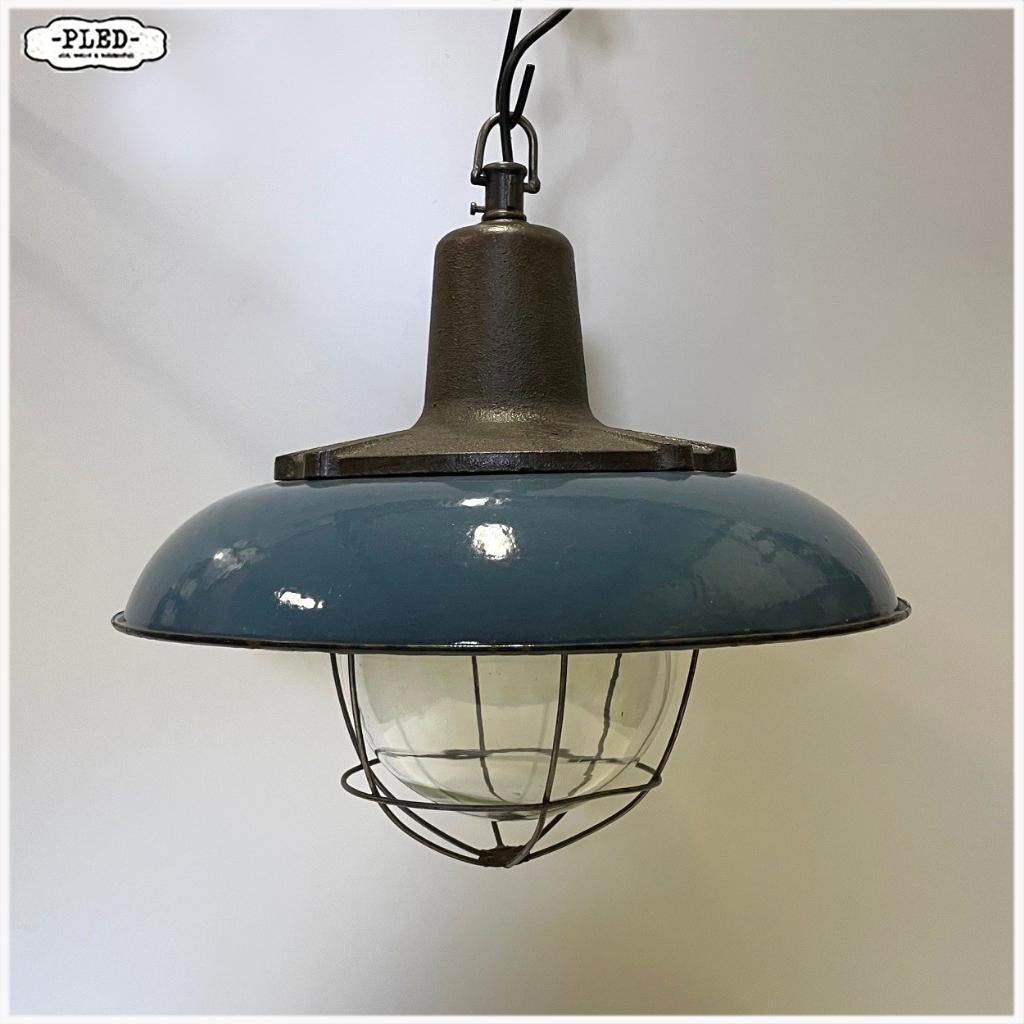 Industriële hanglampen gekleurd emaille en helder glas, Huis en Inrichting, Lampen | Hanglampen, Ophalen, Gebruikt, Glas, Nb