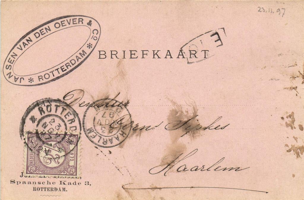 Jansen van den Oever + Co, Rotterdam - 11.1897 - briefkaart, Ophalen of Verzenden, Briefkaart