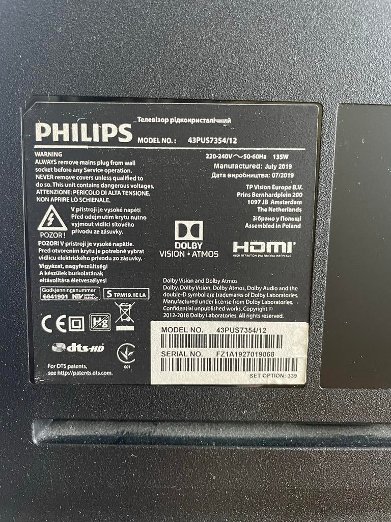 Philips 43PUS7354/12 Smart 4K UHD TV, Ophalen, Philips, LED, 50 Hz