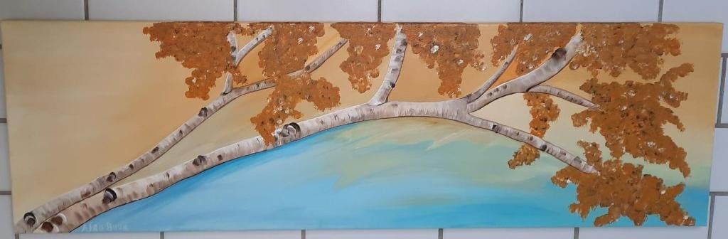 Mooi handgeschilderd schilderij met berkenboom, Ophalen of Verzenden