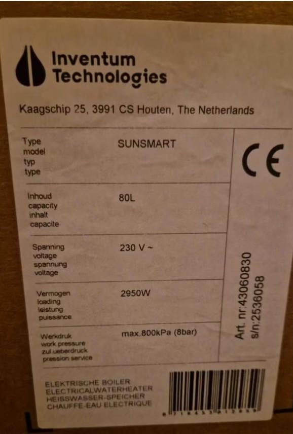 Nieuwe Inventum Sunsmart One (zonnestroom) boiler - 80 liter, Ophalen, 20 tot 100 liter, Nieuw, Boiler
