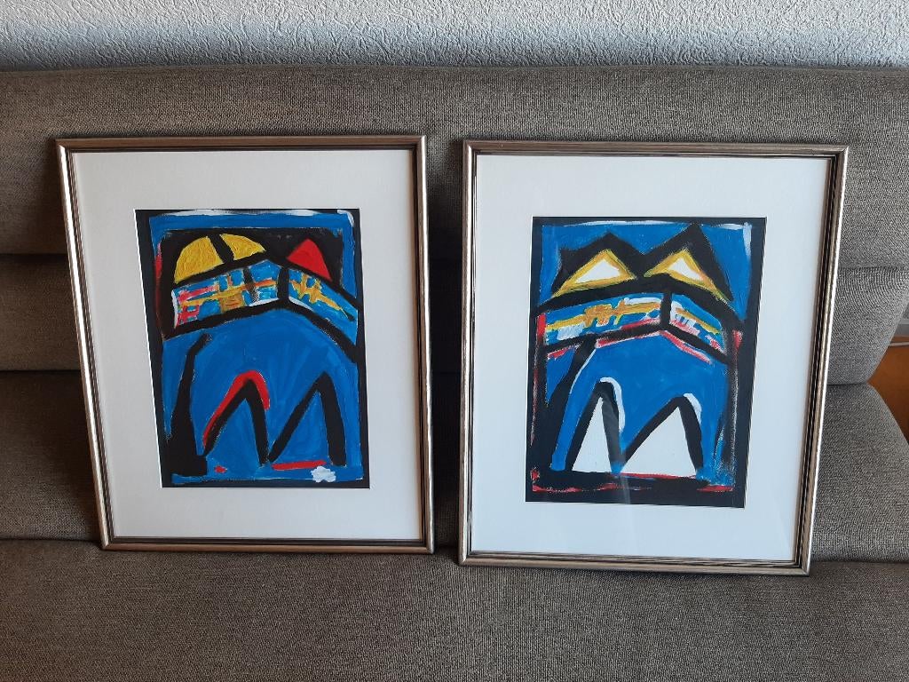 2 kleurrijke originele abstracte schilderijen in lijst!!!, Ophalen