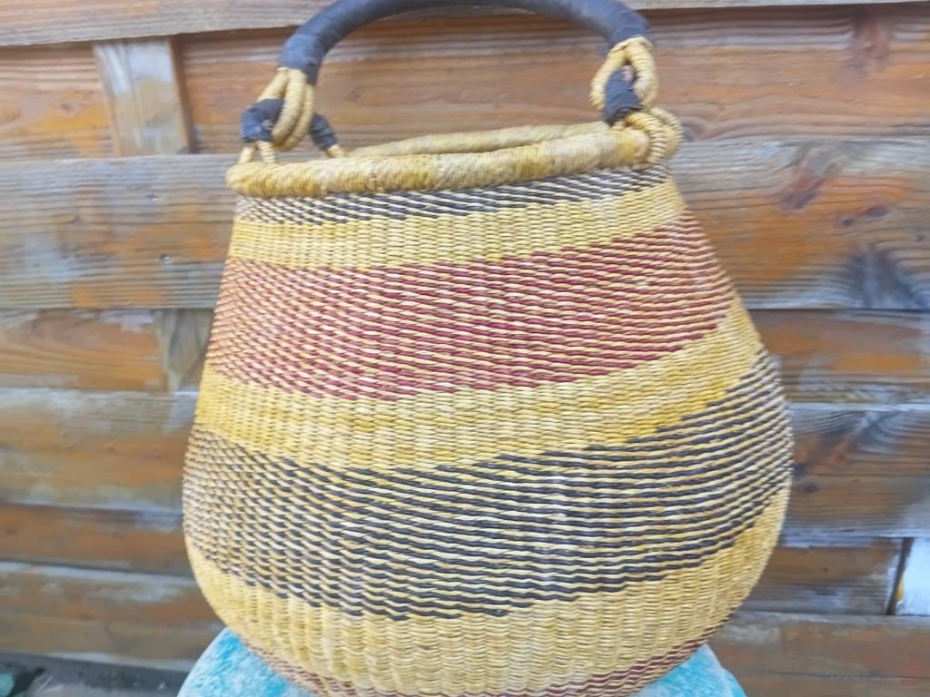 Potmand Bolgatanga handgeweven lederen handvat afgeprijsd, Overige materialen, Mand, Rond, Nieuw