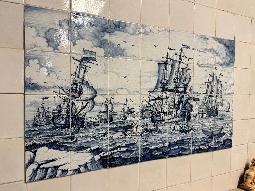 Reproductie tegeltableau walvisjacht voc schepen 91x52cm., Ophalen