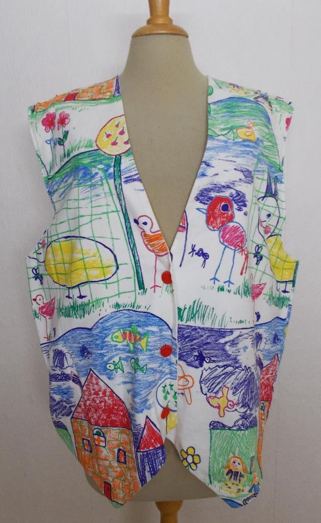 Grappig 100% katoen tekeningen handgemaakt print gilet! XL, Overige kleuren, Verzenden, Maat 46/48 (XL) of groter, Zo goed als nieuw