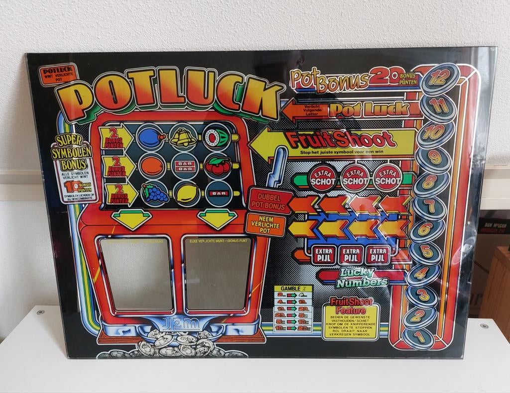 Glazen frontplaat van een vintage JPM Potluck gokkast, Verzamelen, Automaten | Gokkasten en Fruitautomaten, Gulden, Ophalen of Verzenden