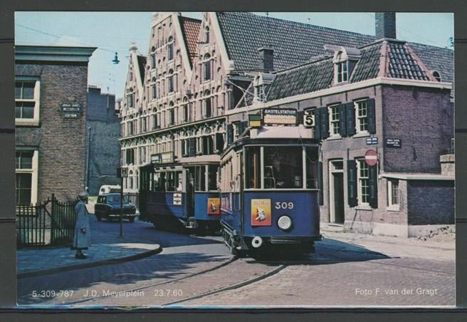 GVB Blauwe Tram No. 309 Amsterdam Foto/Ansichtkaart t-174, Ophalen of Verzenden, Zo goed als nieuw, Tram, Kaart of Prent