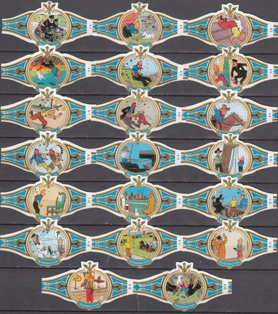 Sigarenbandjes Kuifje in Amerika, Washington K1-K20 blauw, Verzamelen, Rookartikelen, Aanstekers en Luciferdoosjes, Ophalen of Verzenden