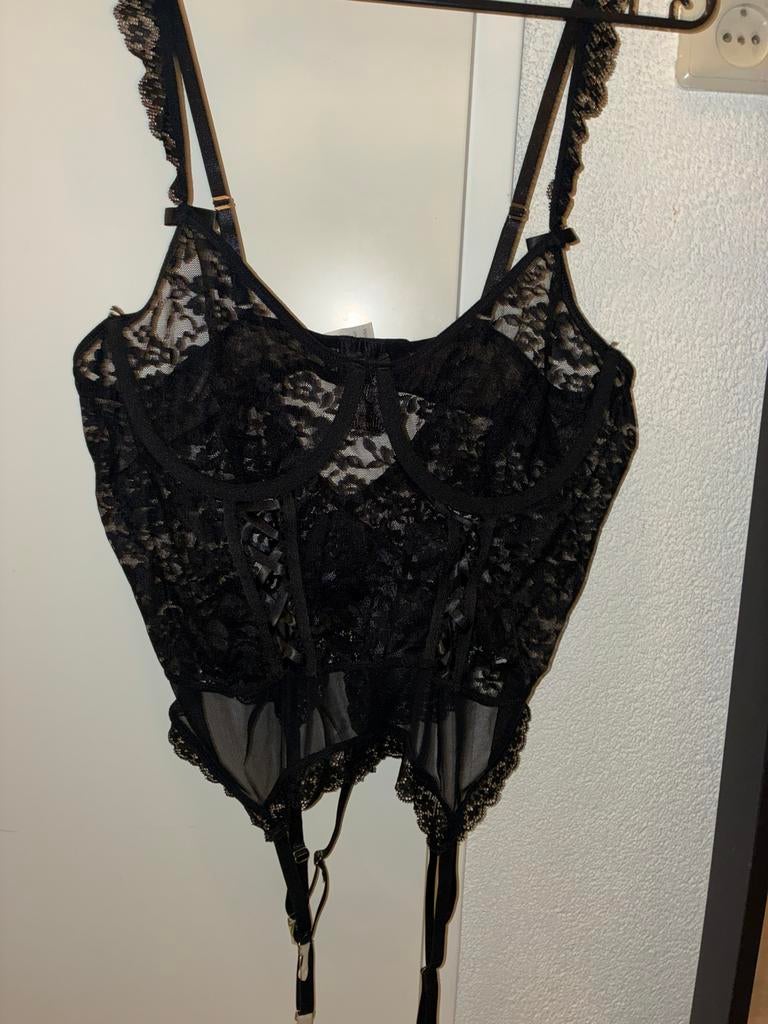 Sexy zwart kante top met jarretels, Verzenden, Zwart, Body of Korset