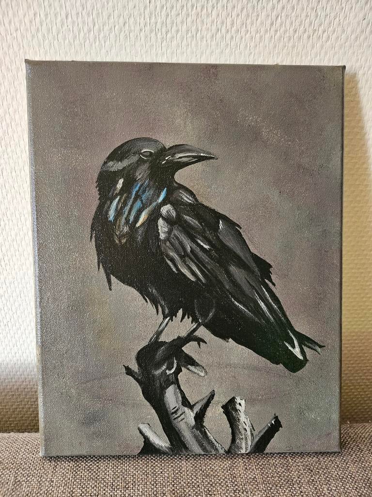 Handgemaakt Zwarte Raaf Schilderij – 24x30 cm, Ophalen of Verzenden