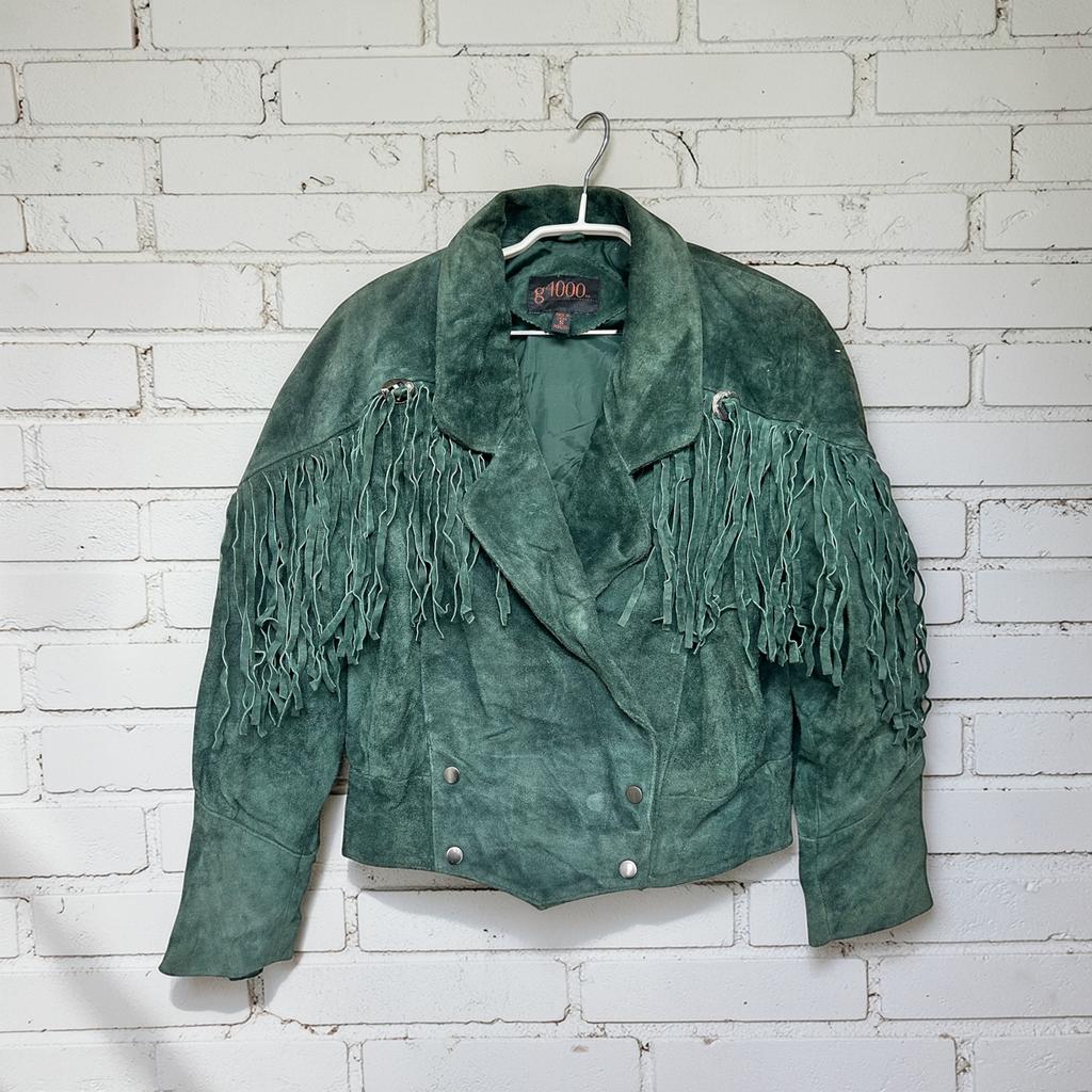 Vintage Jas S Groen Leer Cowboy Western Moto Style G4000, G4000, Ophalen of Verzenden, Maat 36 (S), Gedragen