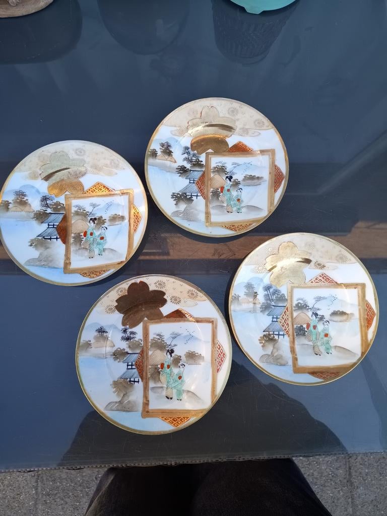 4x Antieke Kutani Eierschaal Porseleinen Bordjes - Meiji, Antiek en Kunst, Antiek | Porselein, Ophalen of Verzenden