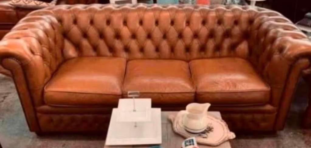 Bank cognac mosterd leer vintage Springvale Chesterfield, Huis en Inrichting, Banken | Bankstellen, Ophalen of Verzenden