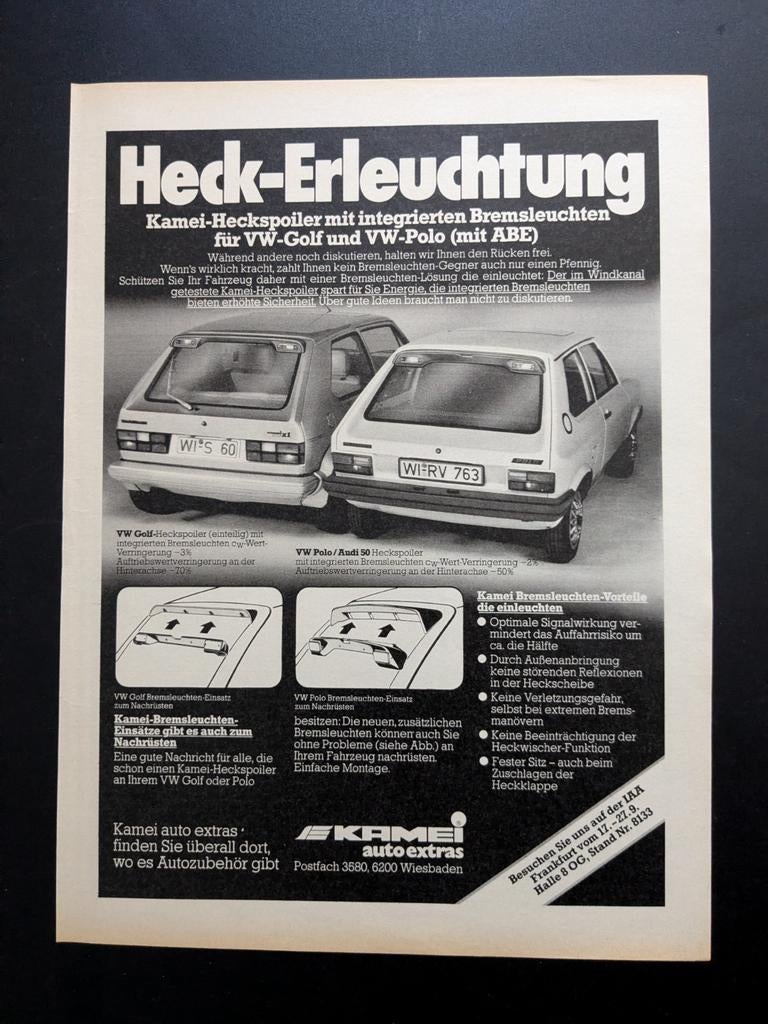 Oude reclame / Advertentie KAMEI spoiler VW Golf 1 / Polo 1F, Ophalen of Verzenden, Gelezen, Volkswagen