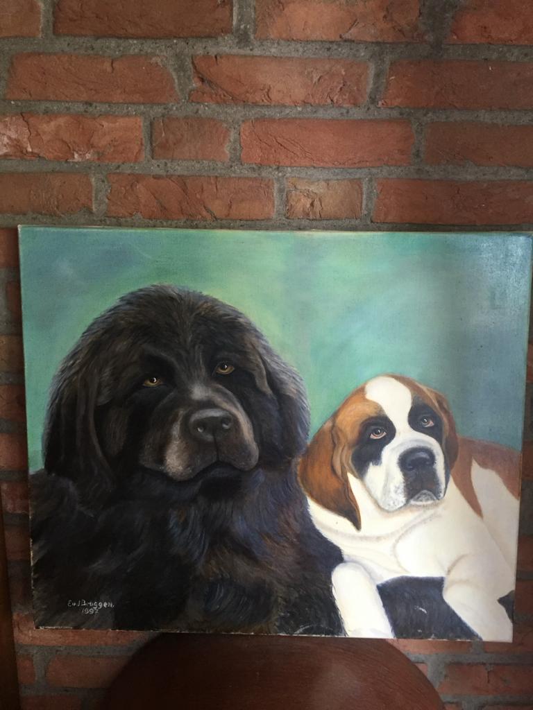 Olieverfschilderij Sint Bernard en Newfoundlander, Antiek en Kunst, Ophalen of Verzenden