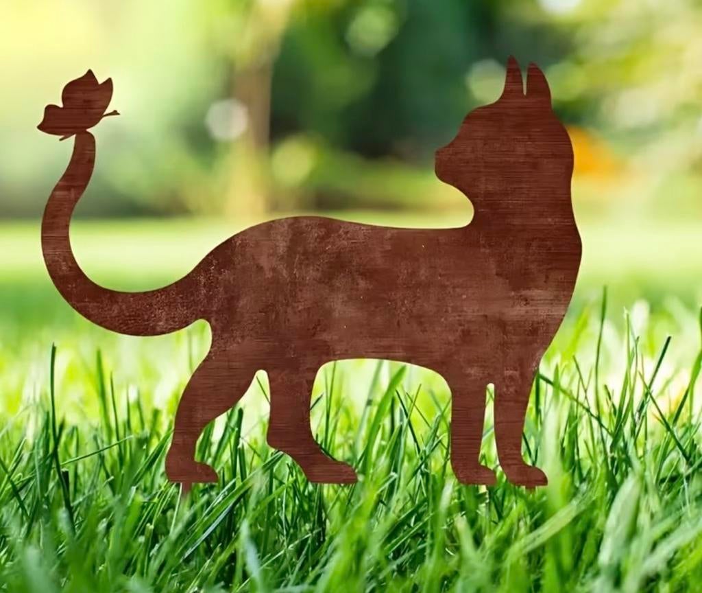 Metalen Kat met Vlinder - Tuindecoratie, Ophalen of Verzenden, Nieuw