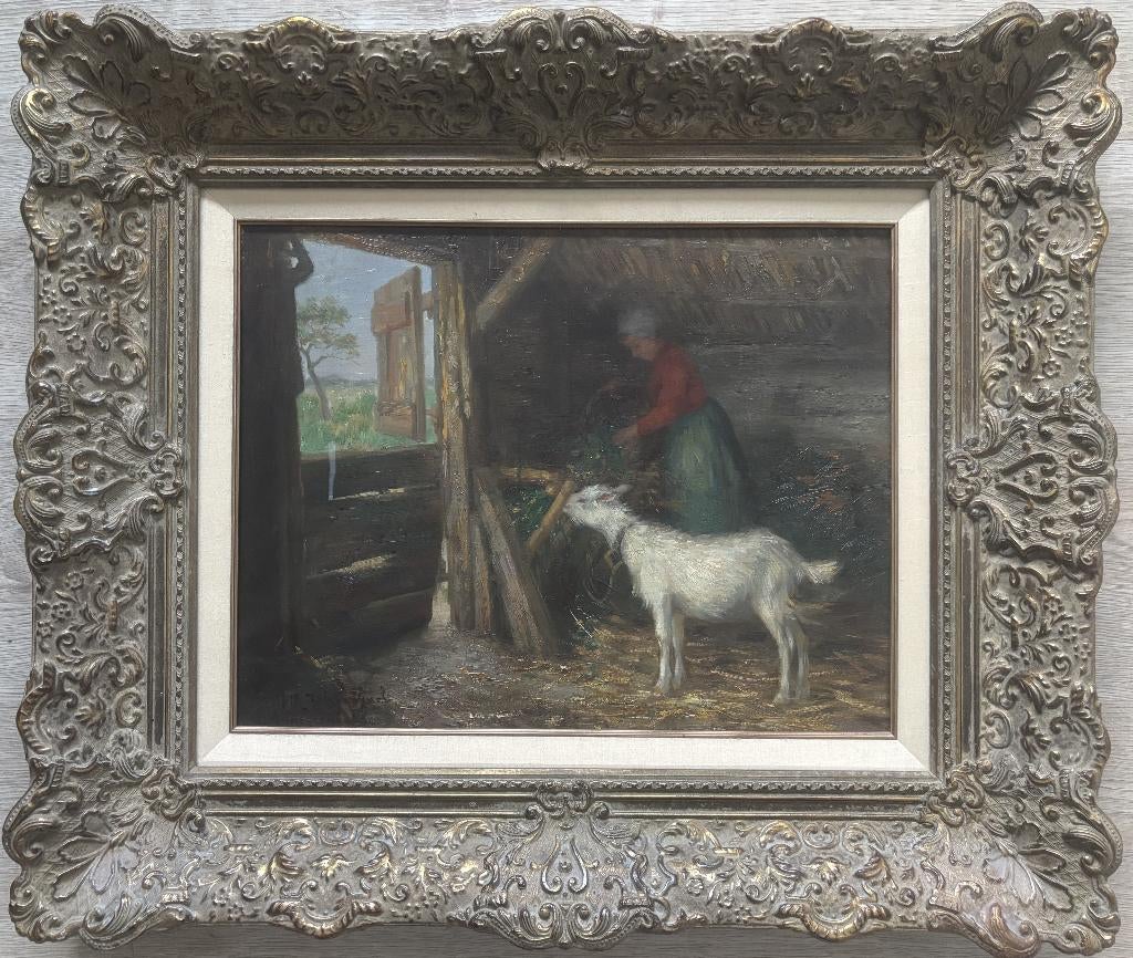 H.A. Dievenbach (1872-1946) - Stalletje met geit, Antiek en Kunst, Ophalen of Verzenden