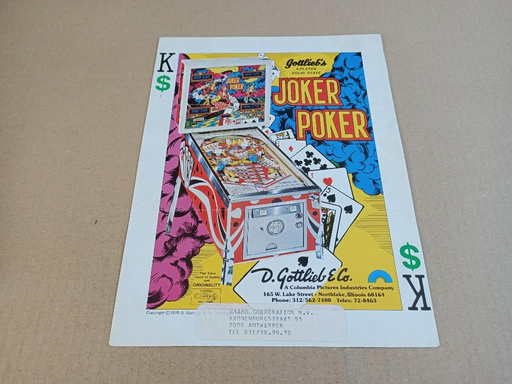 Flyer: Gottlieb Joker Poker (1978) Flipperkast, Ophalen of Verzenden, Gebruikt, Elektronisch, Flipperkast