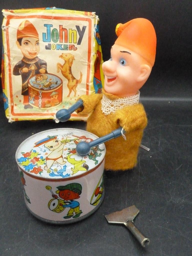 Vintage opwindbare blikken trommelende clown, Antiek en Kunst, Antiek | Speelgoed, Ophalen of Verzenden