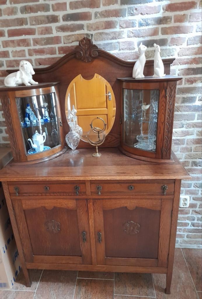 Antiek eiken dressoir/ buffetkast met vitrinekast en spiegel, Antiek en Kunst, Ophalen
