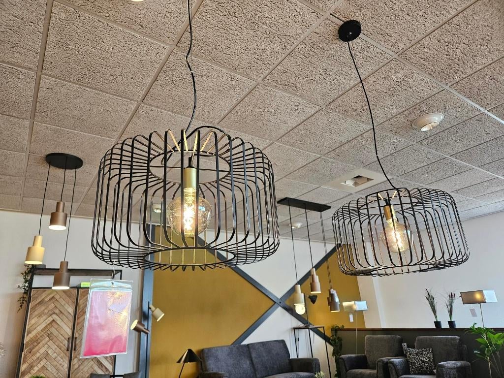 2x Hanglamp Lucca | Zwart/Messing - 50 diameter, Ophalen, Zo goed als nieuw, Metaal, Minder dan 50 cm